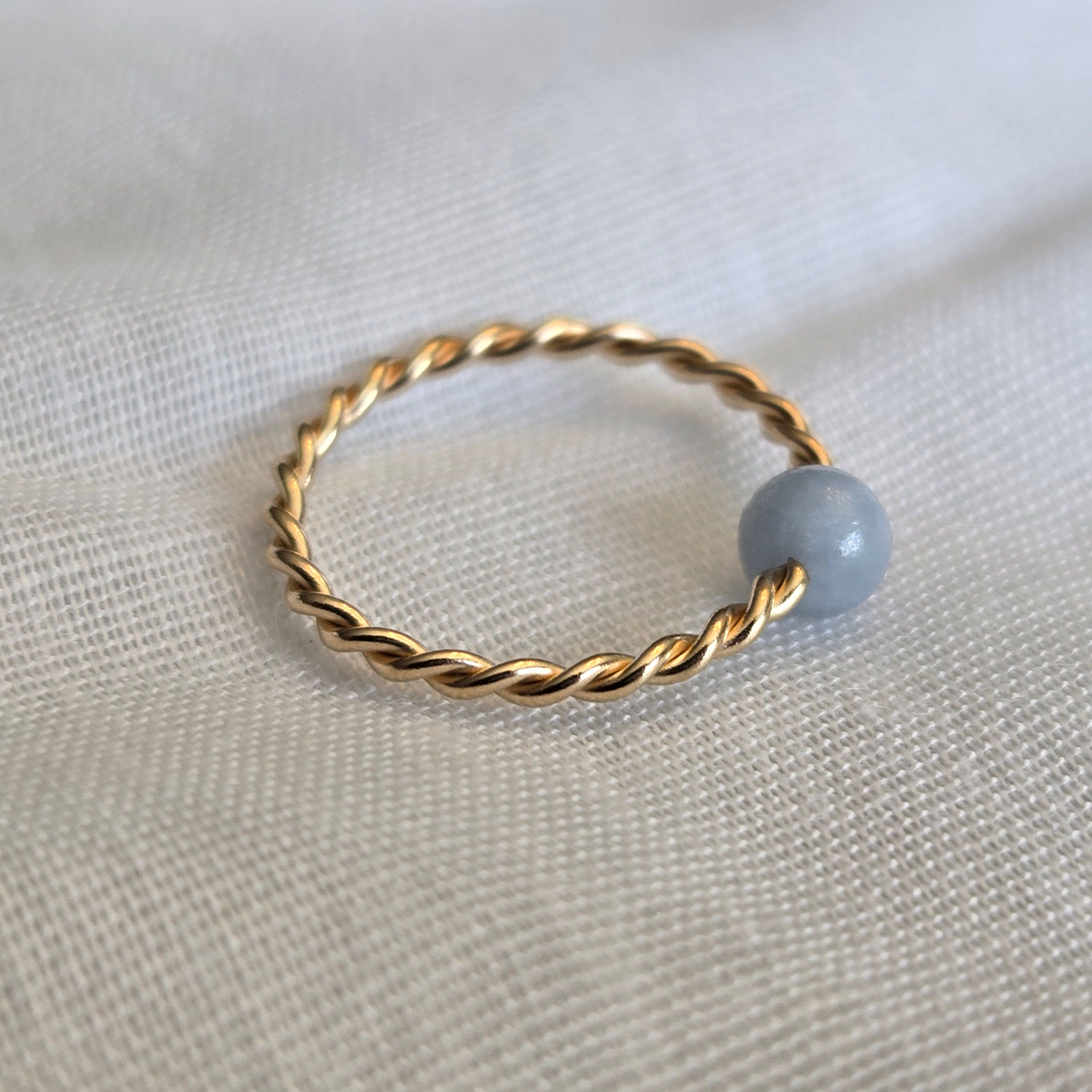 Twisted Captive Bead Ring with 4mm Natural Angelite in 14K Solid Gold