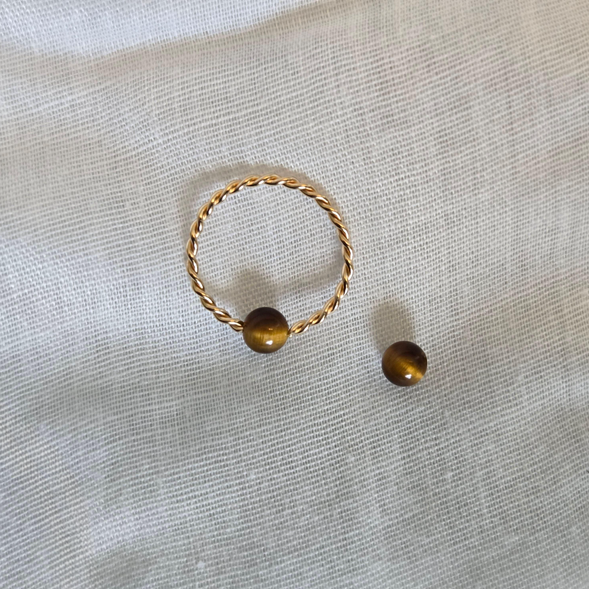 Twisted Captive Bead Ring with 4mm Tiger's Eye Gemstone in 14K Solid Gold