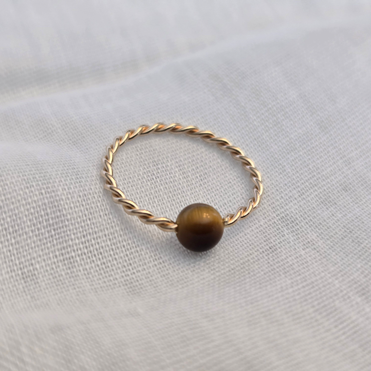 Twisted Captive Bead Ring with 4mm Tiger's Eye Gemstone in 14K Solid Gold