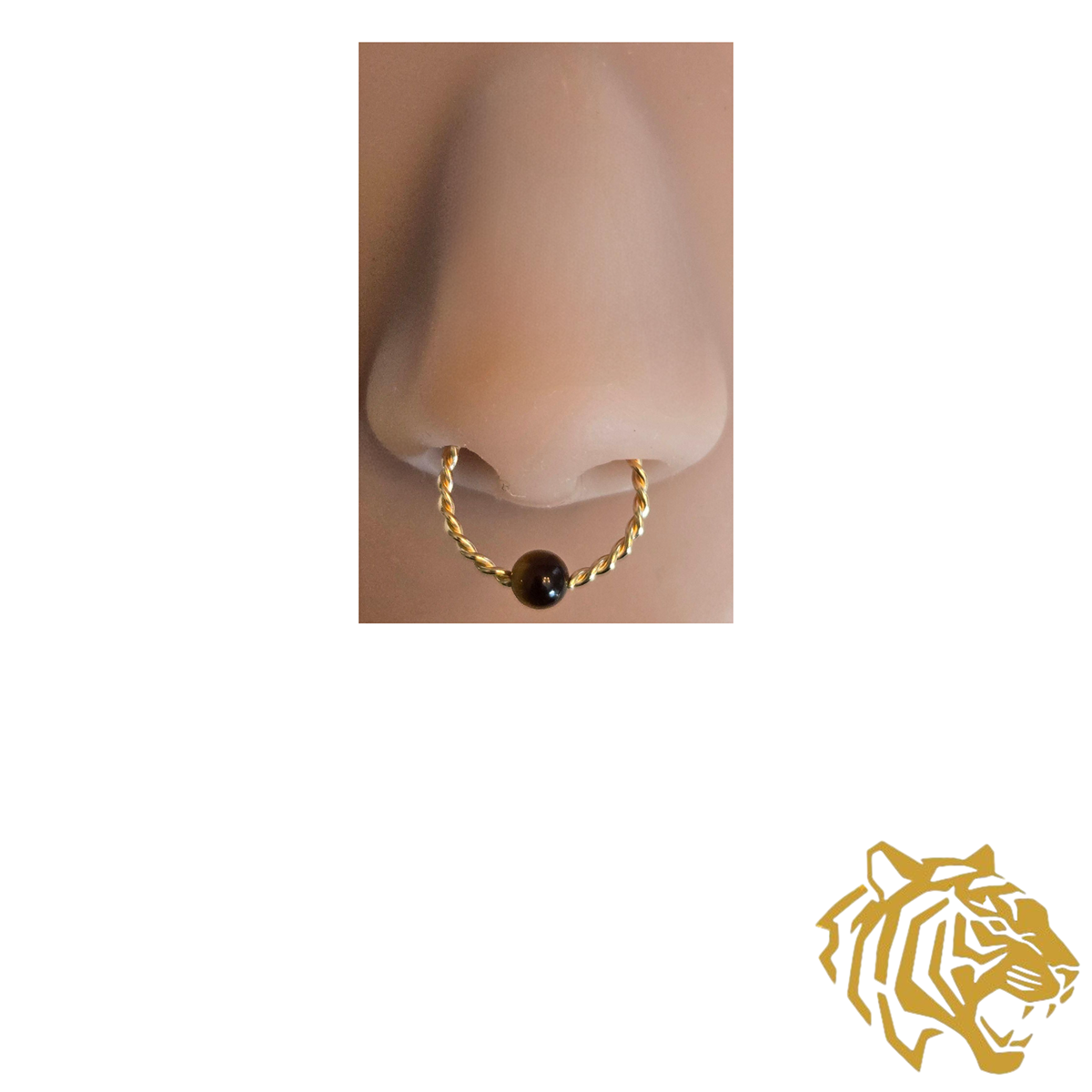 Twisted Captive Bead Ring with 4mm Tiger's Eye Gemstone in 14K Solid Gold