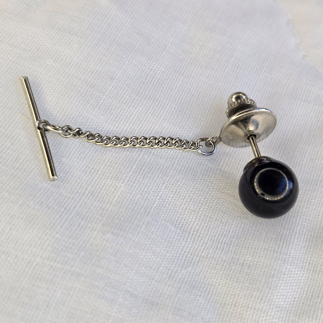 Black Ball Stud Earring with Chain and Bar