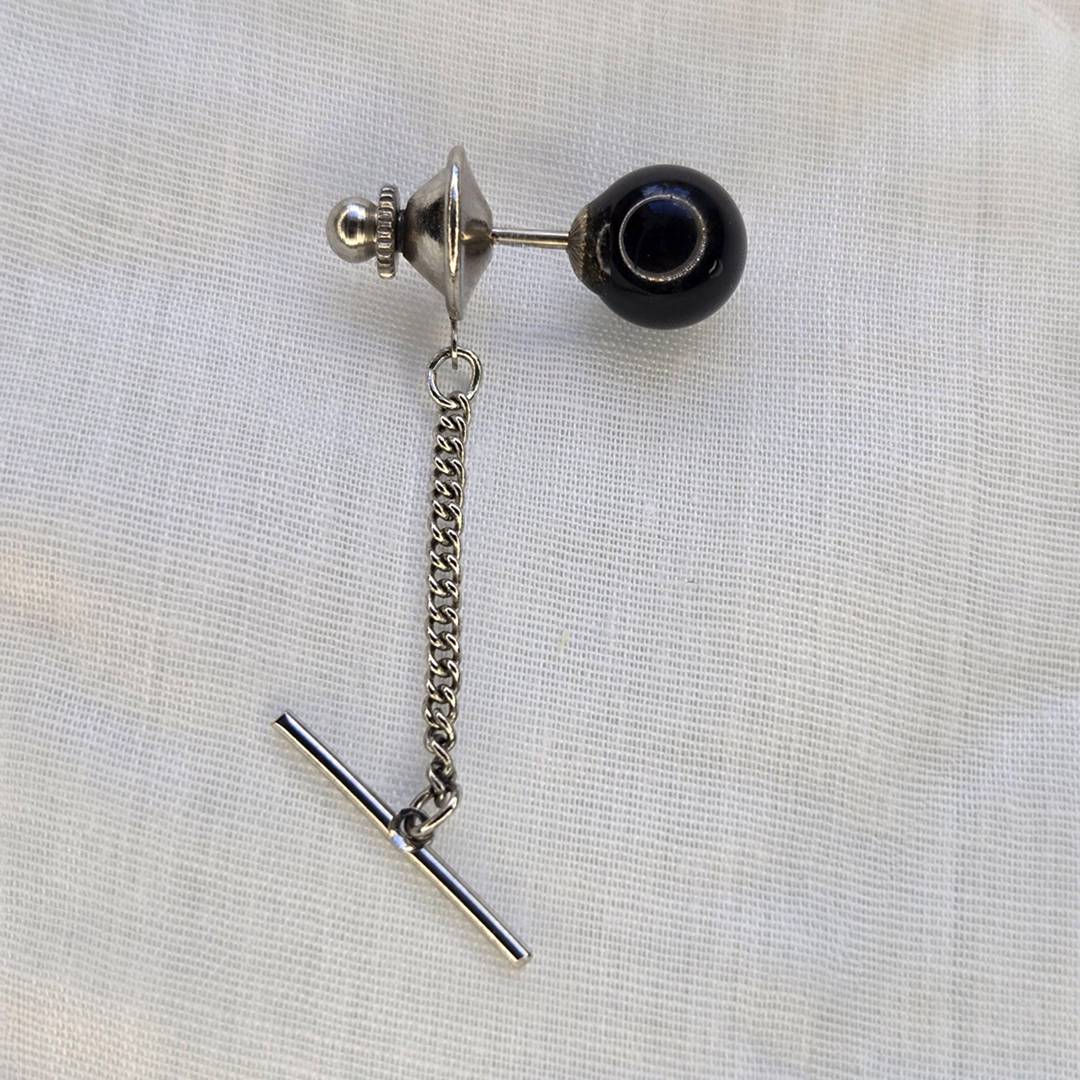 Black Ball Stud Earring with Chain and Bar