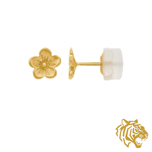 Cherry Blossom Flower Post Earring in 14K Solid Gold with Silicone Stopper