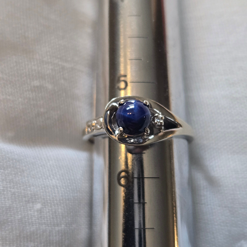 Vintage Ring with Lapis and Clear Stones in 10K White Gold - Size 5.5