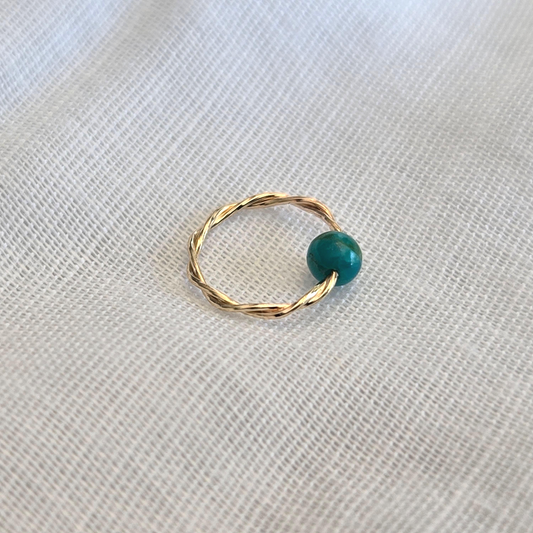 Twisted Captive Bead Ring with 3mm Natural Turquoise in 14K Solid Gold