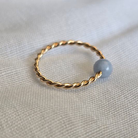Twisted Captive Bead Ring with 4mm Natural Angelite in 14K Solid Gold