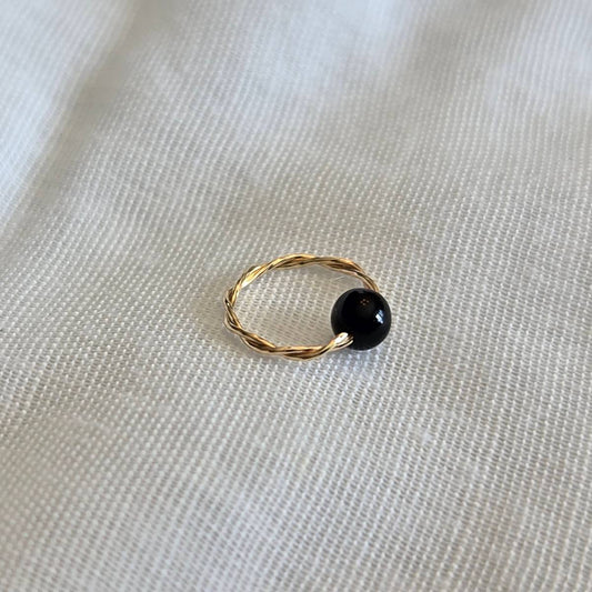 Twisted Captive Bead Ring with 3mm Natural Onyx in 14K Solid Gold