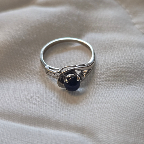 Vintage Ring with Lapis and Clear Stones in 10K White Gold - Size 5.5
