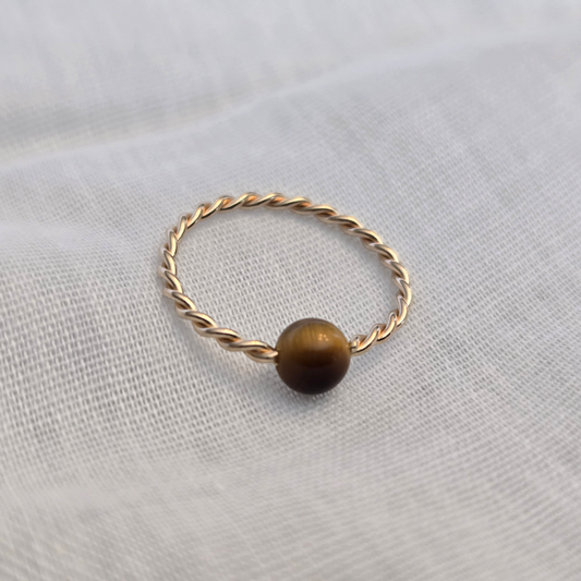 Twisted Captive Bead Ring with 4mm Tiger's Eye Gemstone in 14K Solid Gold