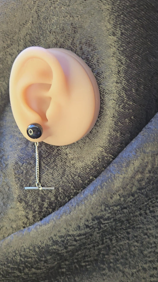 Black Ball Stud Earring with Chain and Bar